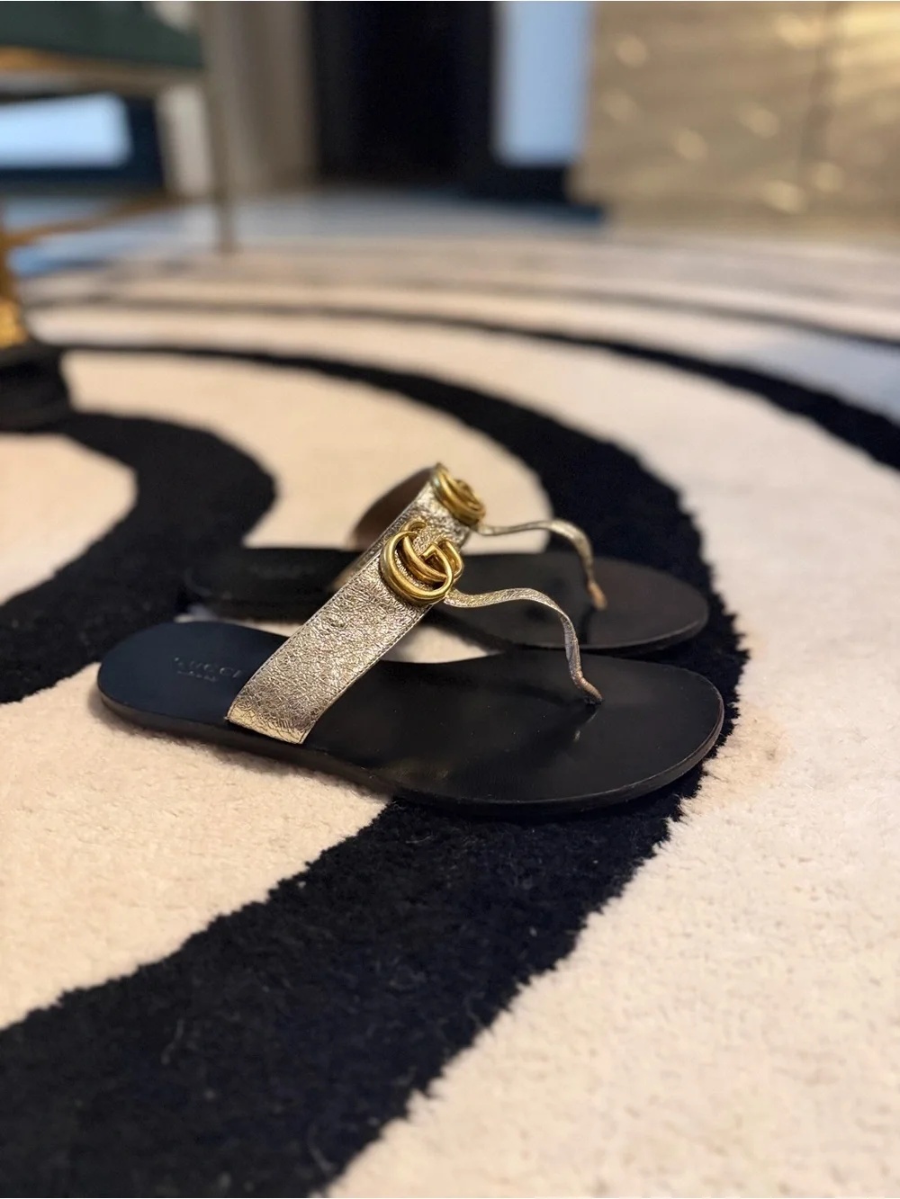 Gucci Black Footbed Gold Metallic GG Thong Sandals